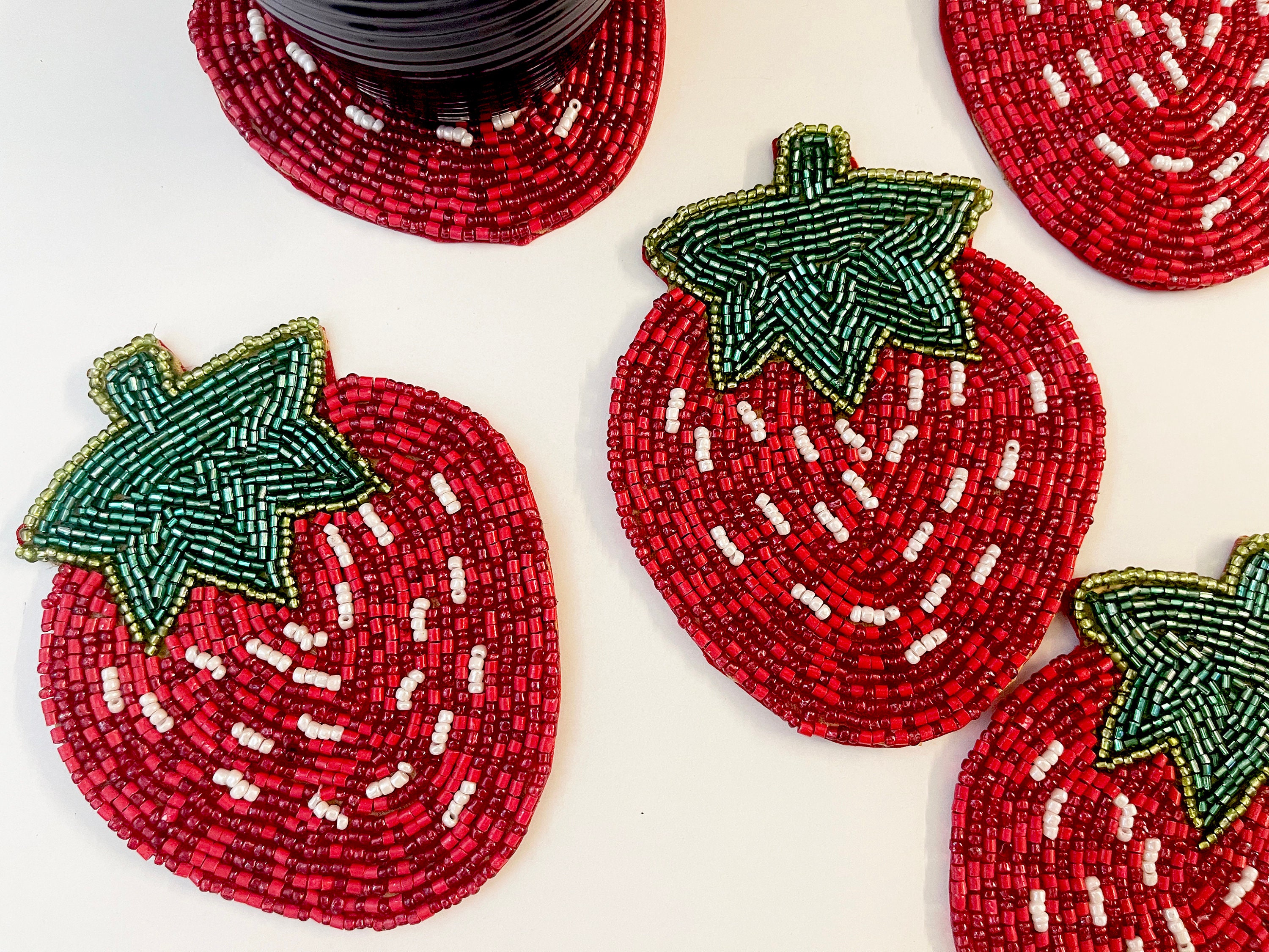 Set of 6 Coasters Drink Coasters Strawberry Beaded Coasters Etsy