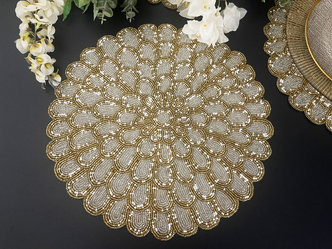 Handmade Placemat, Beaded Round Table Placemat, Silver, Gold With White ...