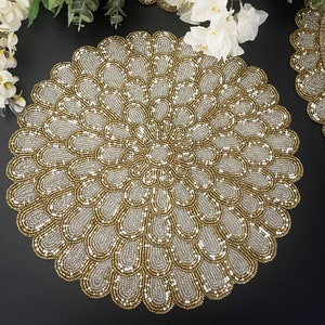 XL Handmade placemat, beaded round table placemat, silver and gold, 18 / 20 / 24 inch
