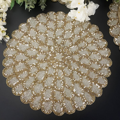 Handmade Placemat Beaded Round Table Placemat Silver Gold Etsy