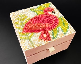 Handmade beaded Jewellery box, travel gift, gift for her, bridesmaid gift, flamingo design
