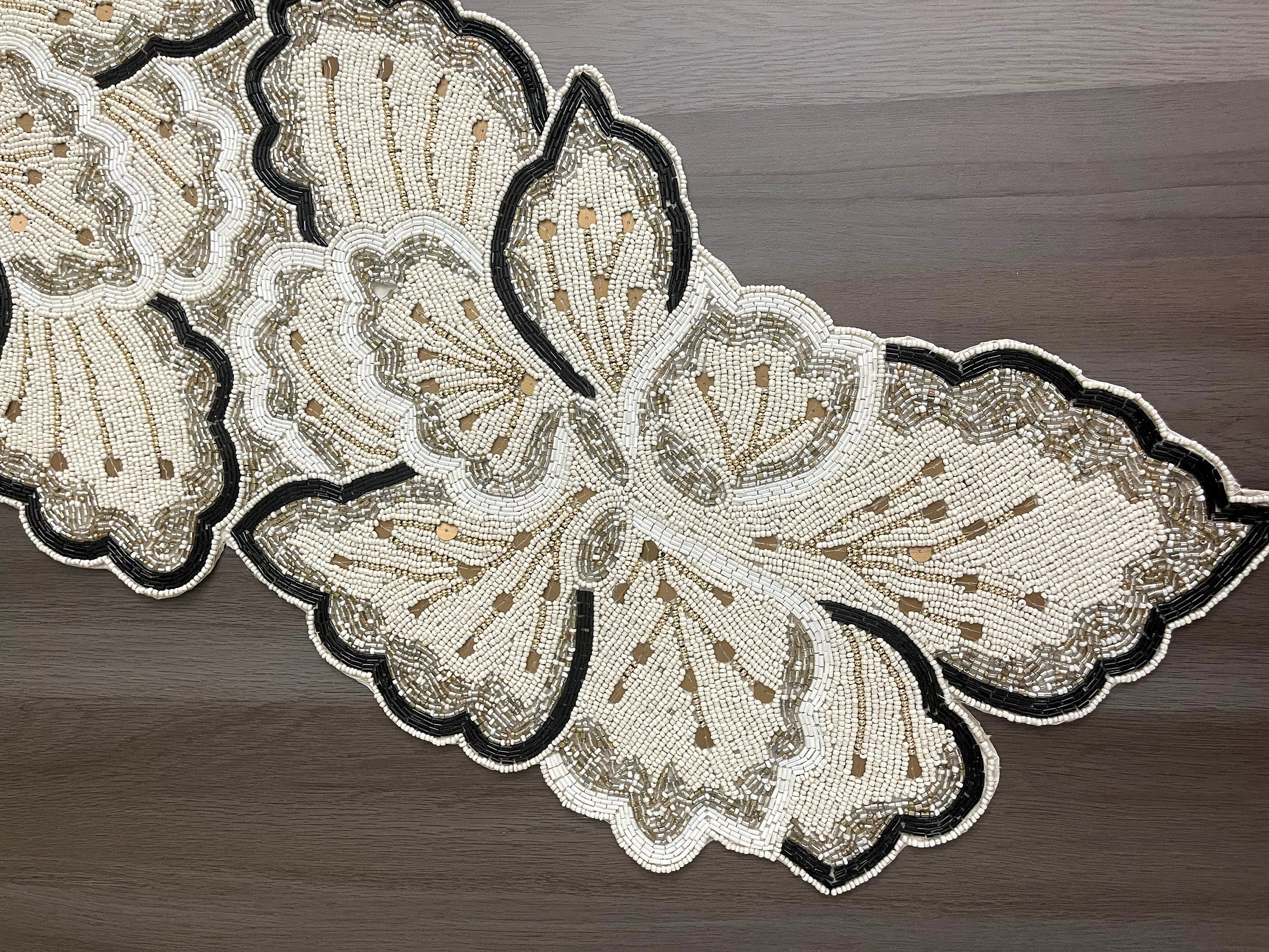 Handmade Beaded Table Runner: Cream & Gold Floral Design (13x36 Inch ...