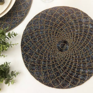 Handmade Beaded Placemat: Blue Table Charger Plate, 14 inch
