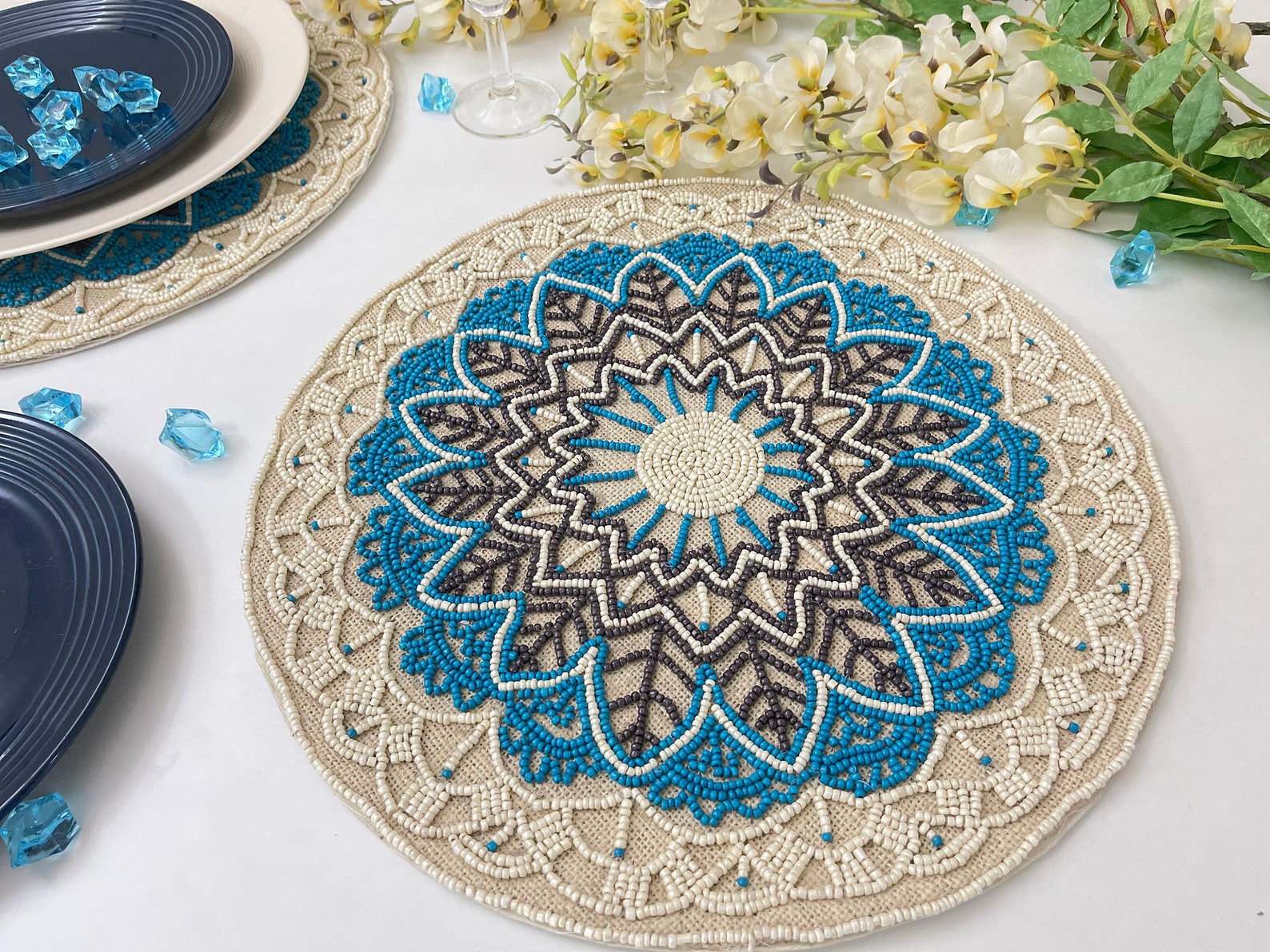 Set of 2 Handmade beaded placemat tablemat 14 inch bead Etsy