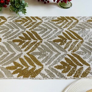 Handmade Table Runner, Gold and Silver on White, Hand Beaded Runner ...