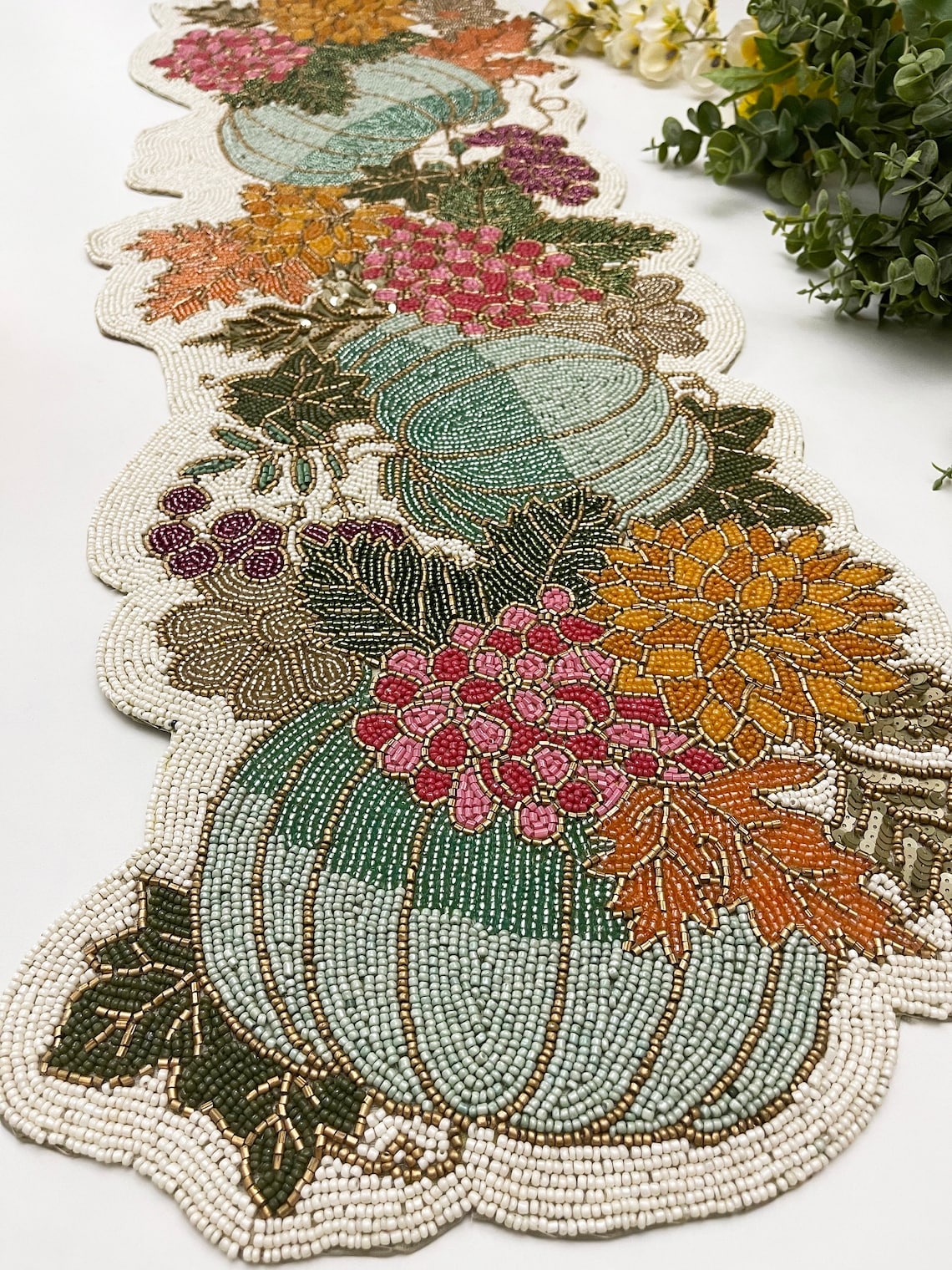 Handmade Bead Table Runner, Multicolour Pumpkin and Flower Fall Runner ...