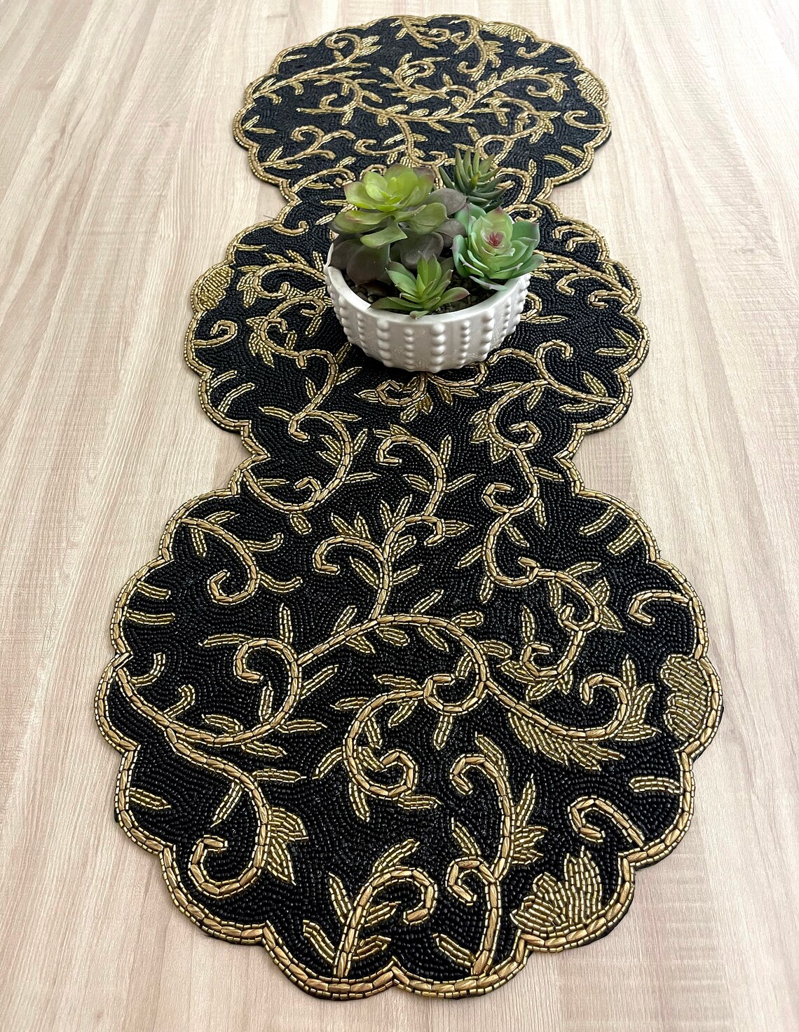 Handmade Table Runner Beaded Black Gold Runner Floral Design Etsy