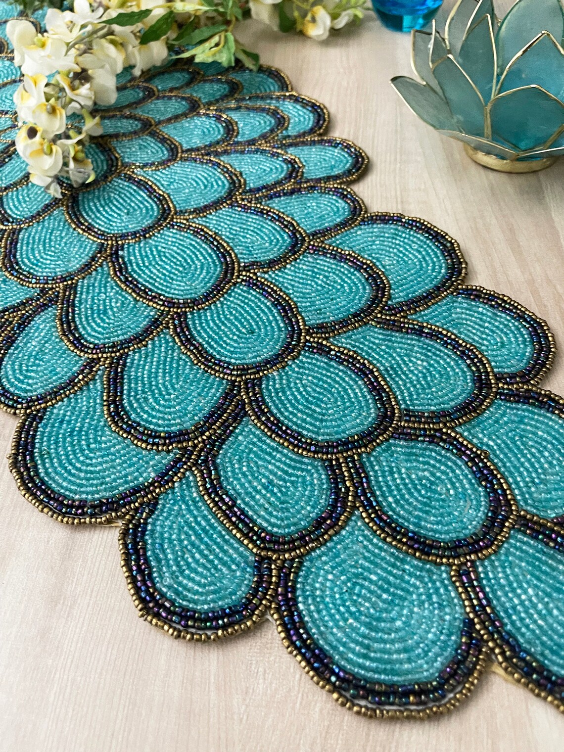 Handmade Bead Table Runner, Teal Peacock Floral Beaded Runner ...