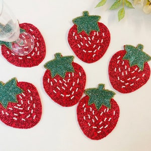 Set of 6 coasters, drink coasters, strawberry beaded coasters, gift for her, housewarming gift image 2