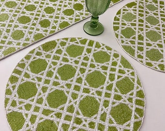 Green and white table runner and placemats, handmade beaded