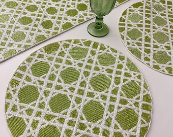 Green and white table runner and placemats, handmade beaded