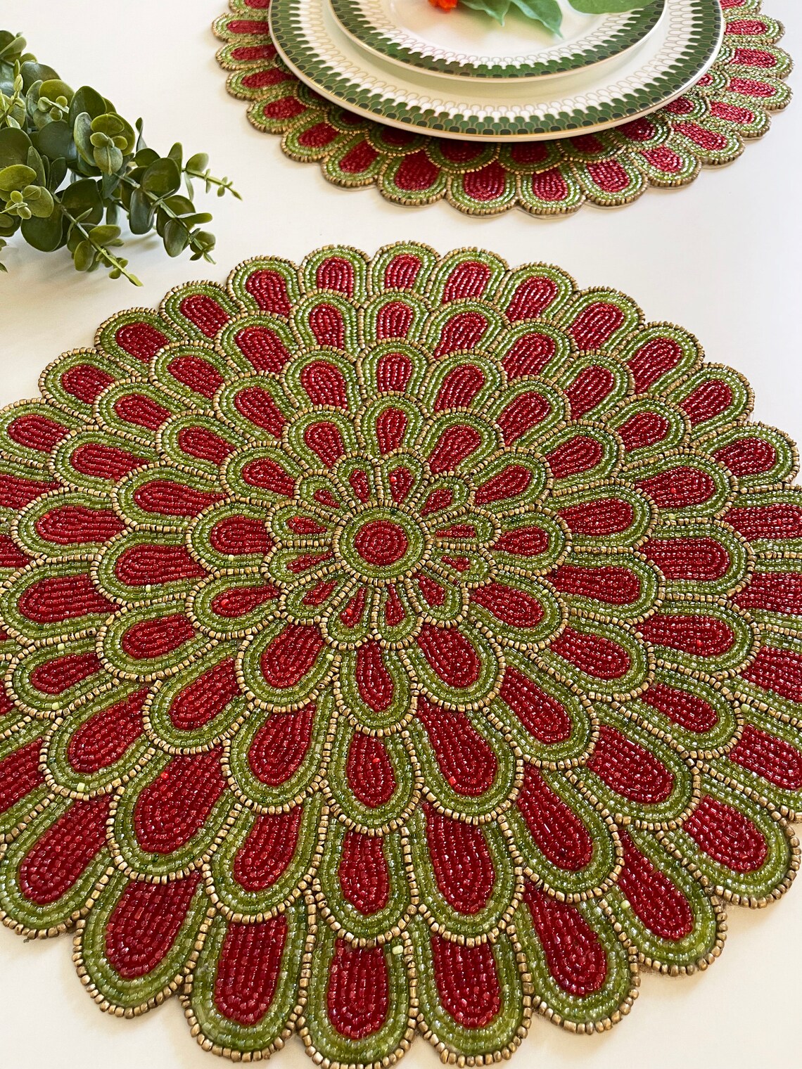 Handmade Beaded Placemat Tablemat 14 Inch Red Green and Etsy
