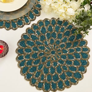 Handmade placemat, beaded round table placemat, Teal and gold, 14 inch