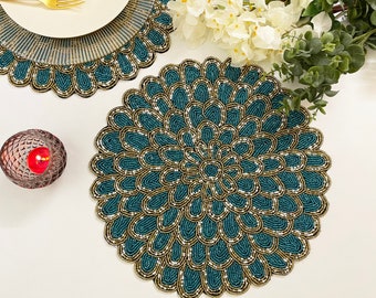 Handmade placemat, beaded round table placemat, Teal and gold, 14 inch
