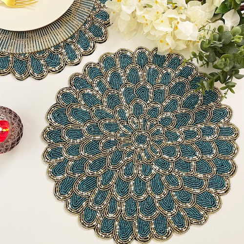 XL Handmade Placemat Beaded Round Table Placemat Silver and Etsy