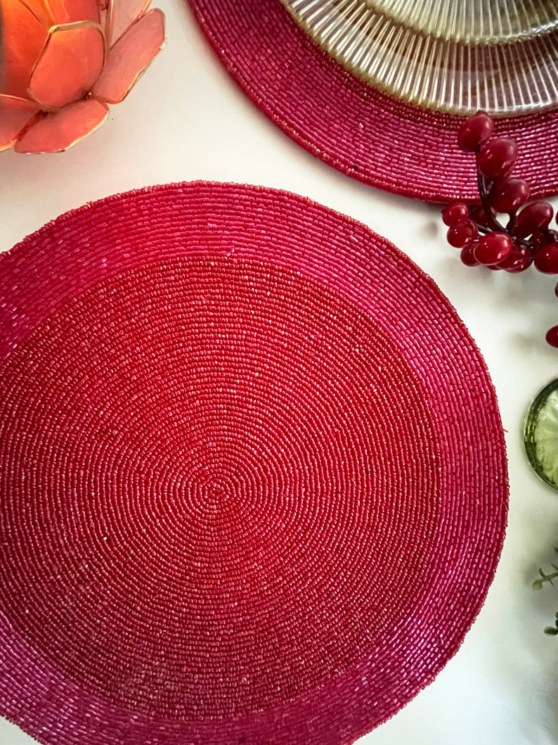 Set of 2 Handmade Beaded Placemat Pinkish Red Beaded Etsy