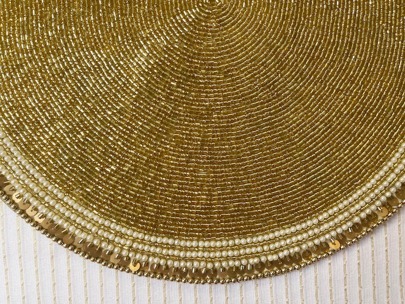 Two Handmade Bead Sequin Placemat 14 Inch Golden Charger Etsy