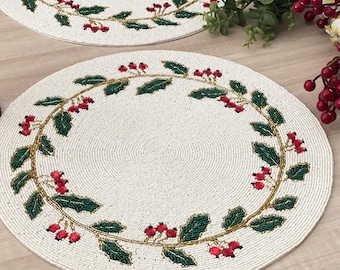Christmas Special beaded placemat, 14 inch, gifts, holly berry design 2023