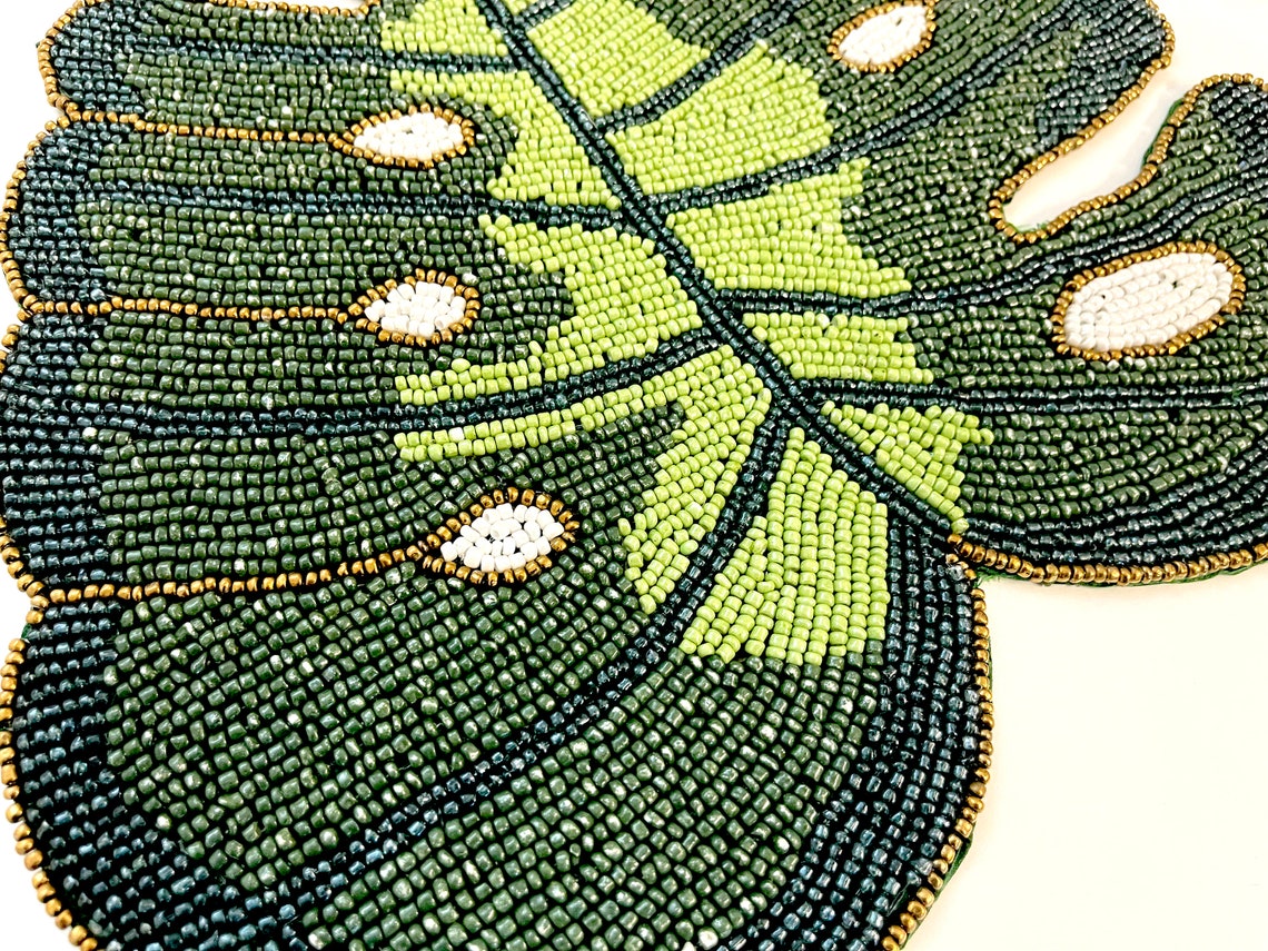 Handmade Beaded Placemat Leaf Tablemat 14 Inch Green Bead Etsy