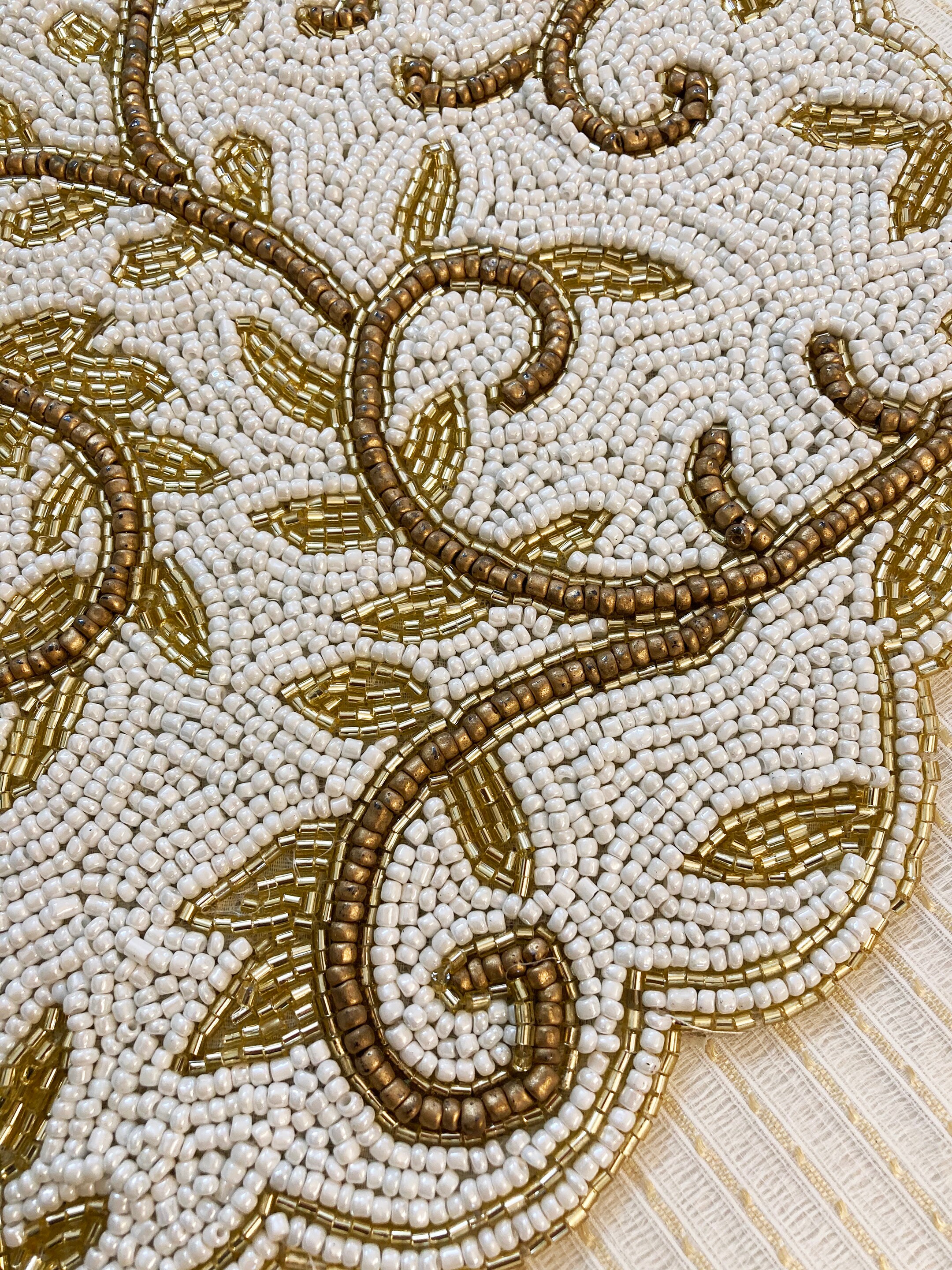 Handmade Beaded Table Runner: White & Gold Floral Design (13x36 Inch ...