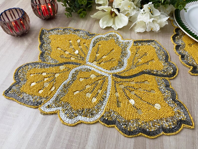 Handmade Beaded Placemat Tablemat 14 Inch Yellow Gold Grey Etsy