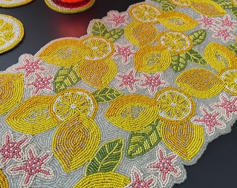 Handmade table runner, Lemon and leaves beaded runner floral centerpiece multicolor