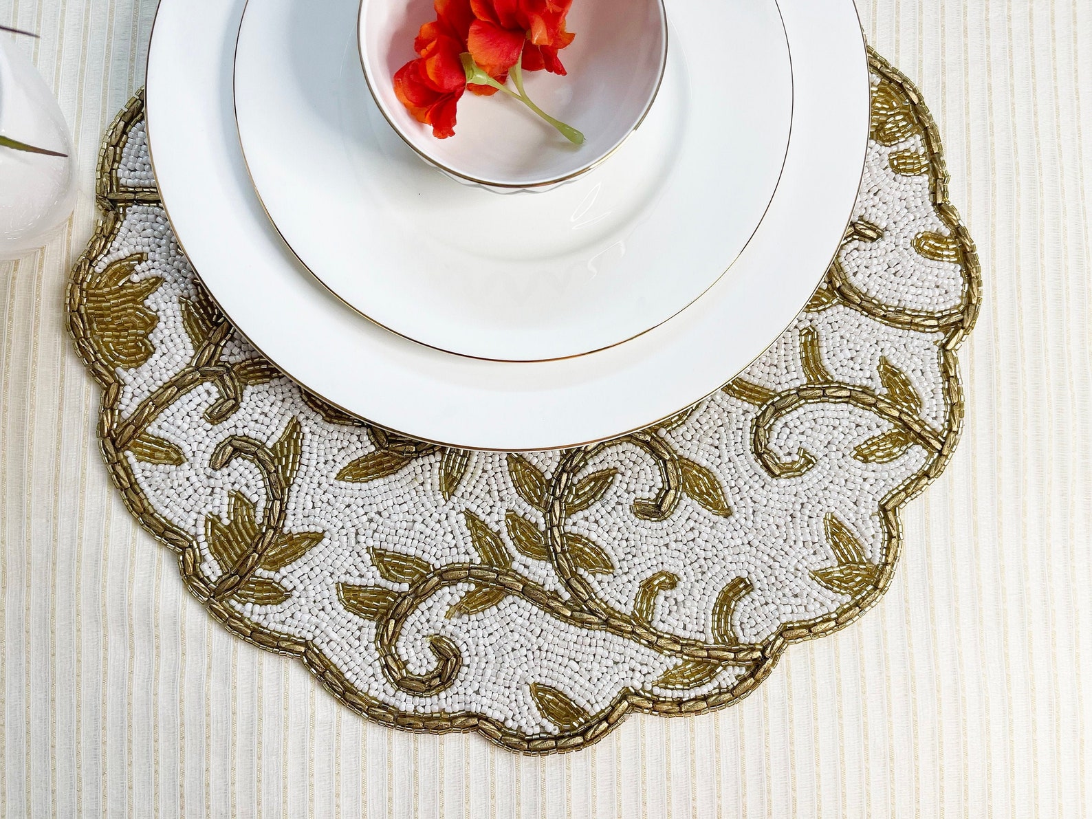 Handmade Beaded Placemat Beaded Tablemat 14 Inch White Gold Etsy