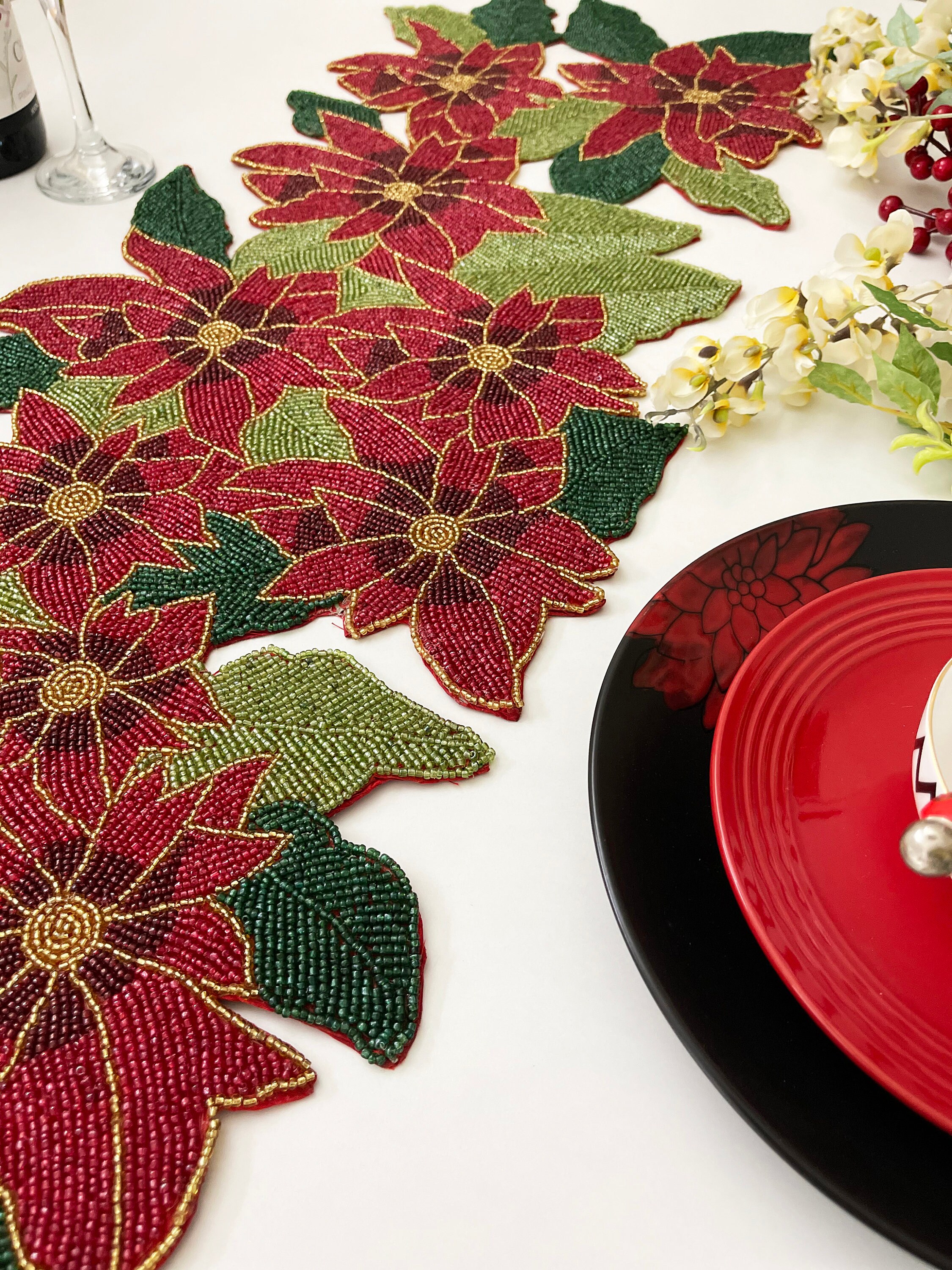 Handmade table runner floral beaded table runner Poinsettia Etsy