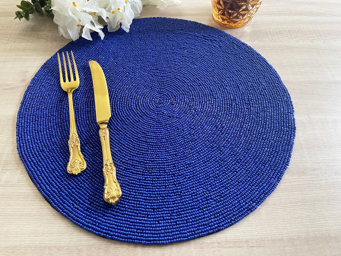 Set of 6 Handmade Beaded Placemat Beaded Table Mat Navy Etsy