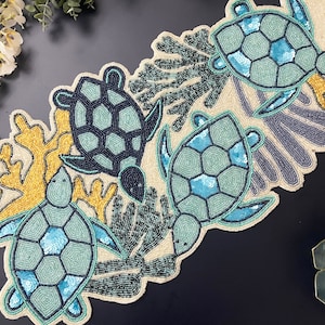 Handmade bead table runner, coastal, ocean, sea turtle and coral designs, aqua and multicolour, 13x36inch