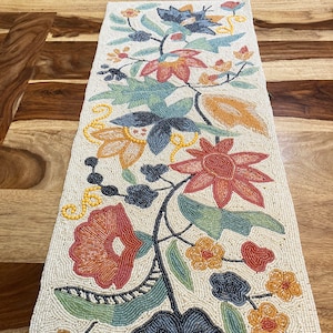 Handmade Beaded Table Runner: Spring Floral Design, 13x60 inch