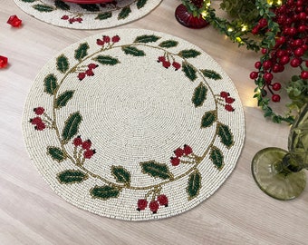 Christmas Special beaded placemat, 14 inch, gifts, holly berry design