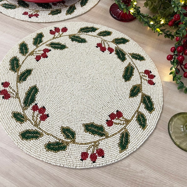 Christmas Special beaded placemat, 14 inch, gifts, holly berry design