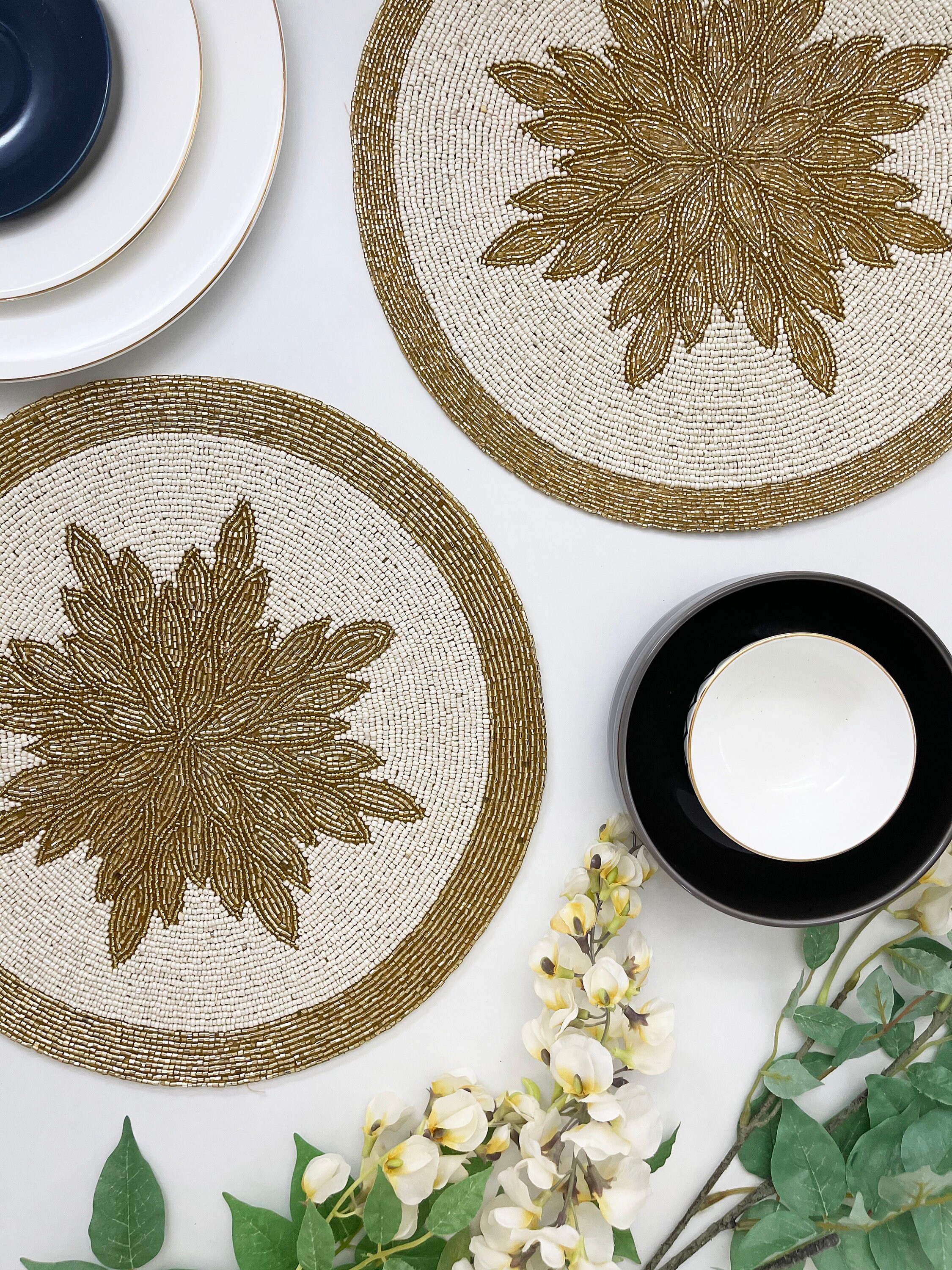 Handmade Beaded Placemat Beaded Tablemat 14 Inch White Gold Etsy