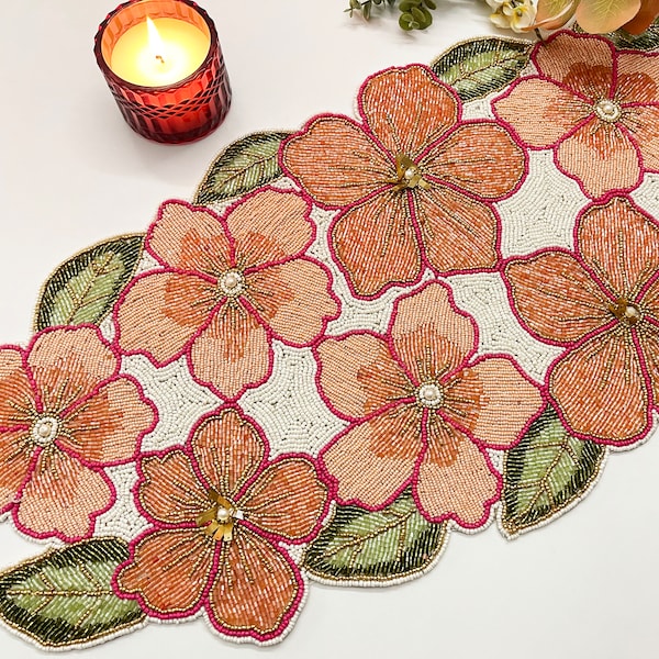 Handmade beaded spring table runner, floral, 13x36inch, multicolour