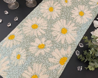 Handmade table runner, green spring floral beaded table runner, 13x36inch