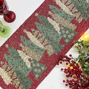 Handmade Christmas tree table runner, beaded runner, Red, green and Gold, 13x36inch