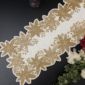 Christmas Handmade Beaded Table Runner, Gold Poinsettia, 13x36 Inch - Etsy