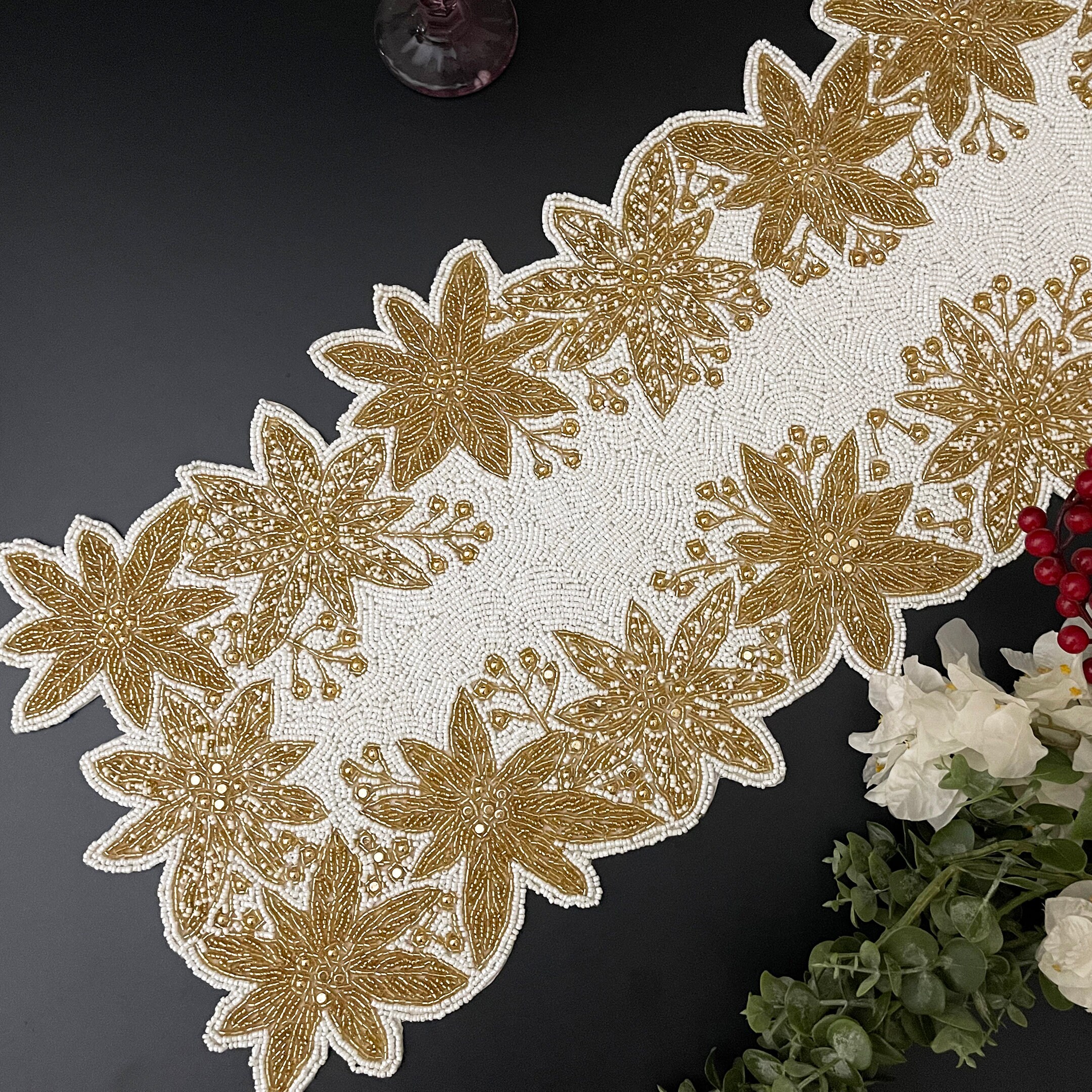 Runner Da Tavola Con Perline Dorate 91cm – Fatto A Mano, Eleganza Per Natale E Ringraziamento