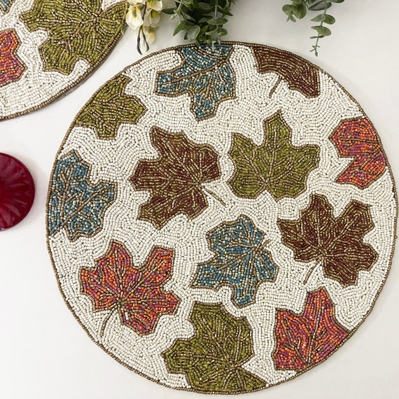 Handmade Beaded Fall Placemat Maple Leaf Tablemat 14 Inch Etsy