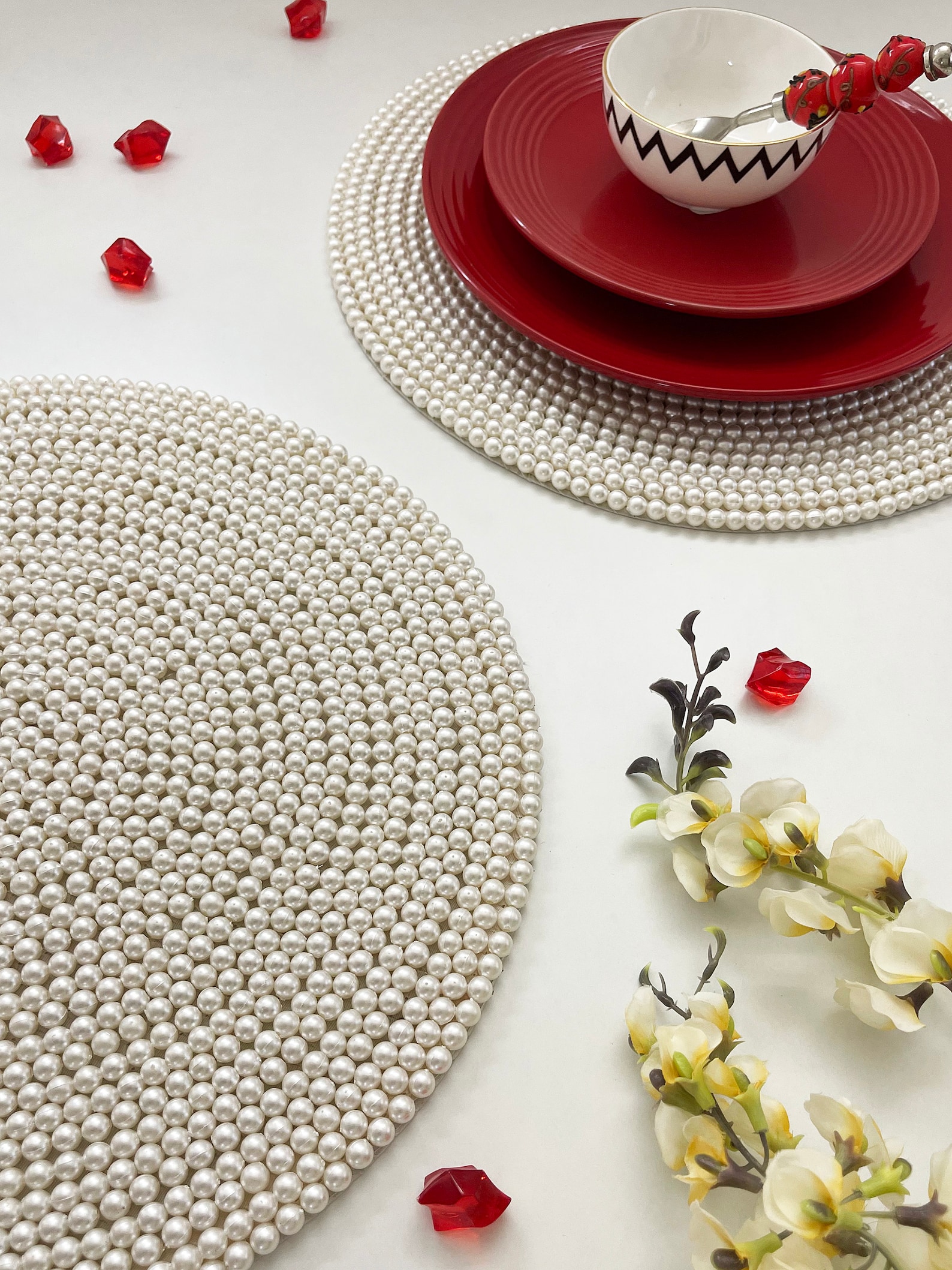 Handmade Beaded Placemat Tablemat 14 Inch White Pearl Etsy
