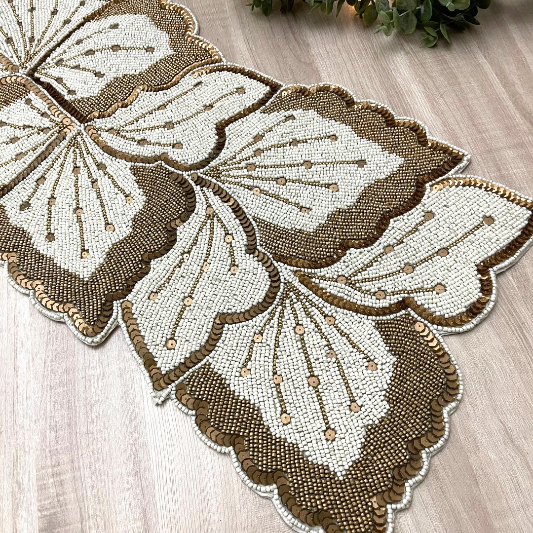 Handmade Beaded Table Runner: Cream & Gold, 13x36 Inch - Etsy