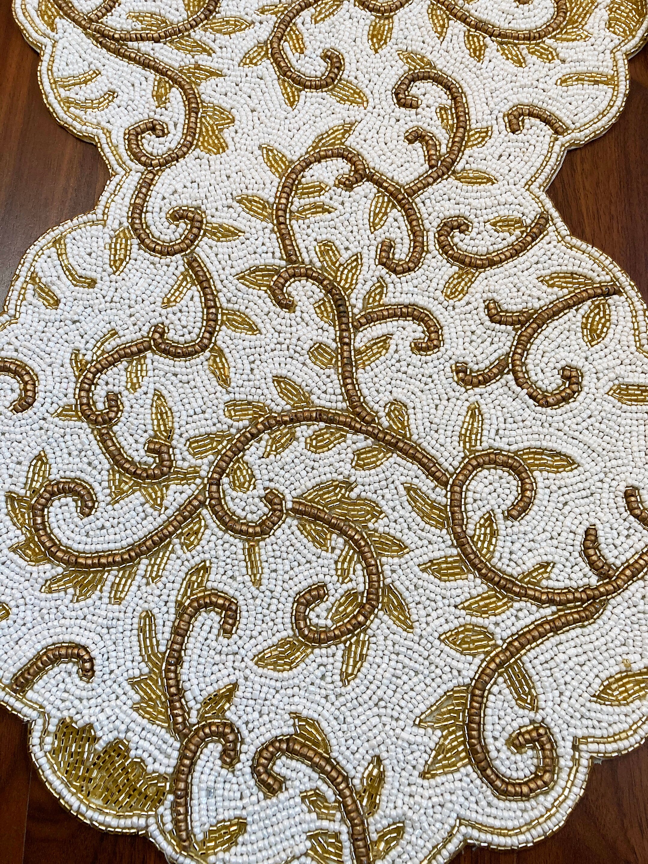 Handmade Beaded Table Runner: White & Gold Floral Design (13x36 Inch ...