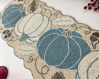 Table runner beaded handmade, blue white pumpkin harvest runner 13x36inch