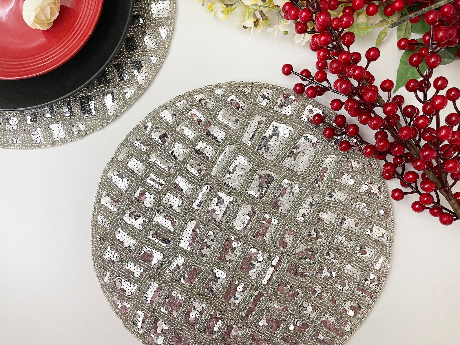 Handmade Beaded Sequin Placemat Table Mats 14 Inch Silver Etsy