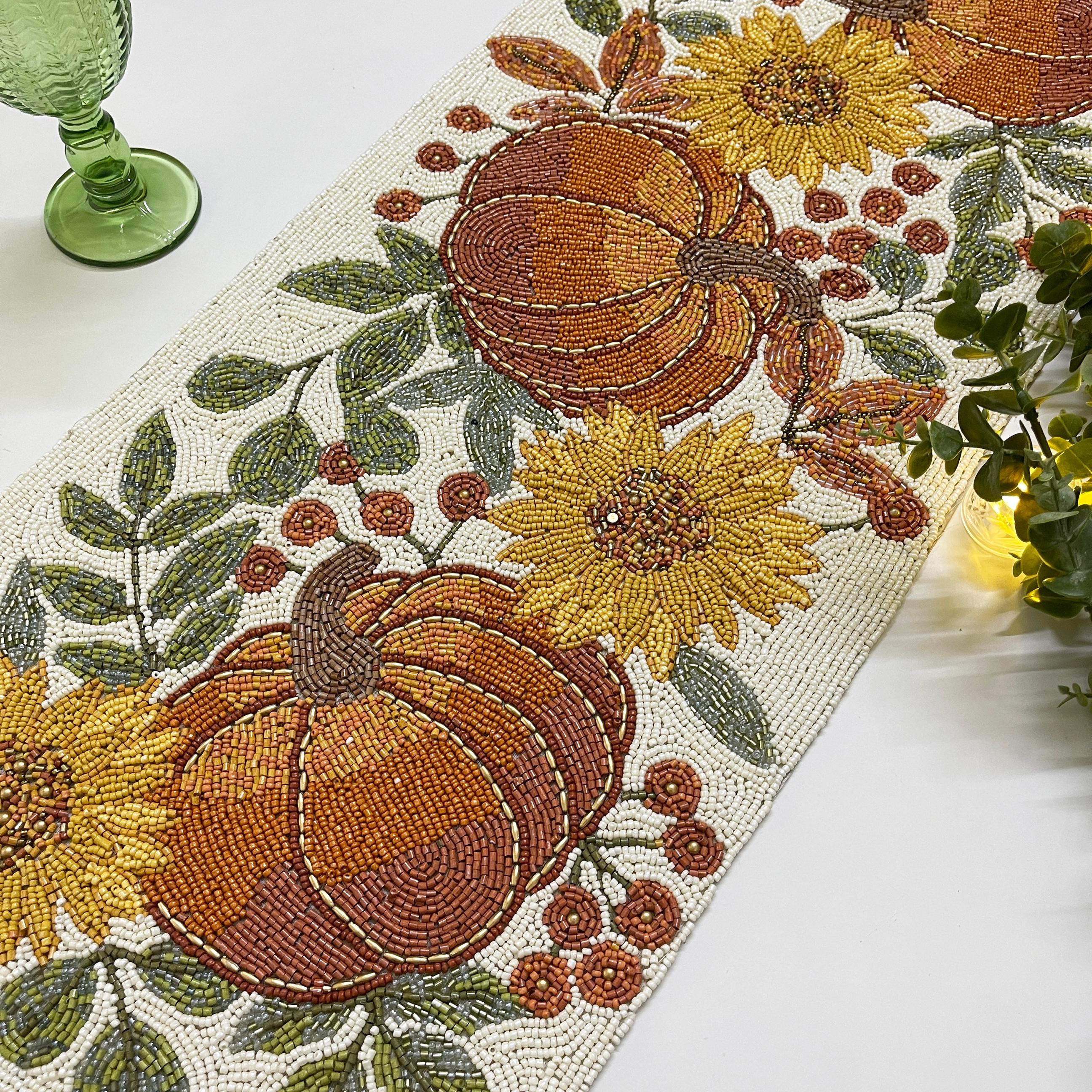 Handmade bead table runner, pumpkin and sunflower fall and Halloween runner, 13x36 inch