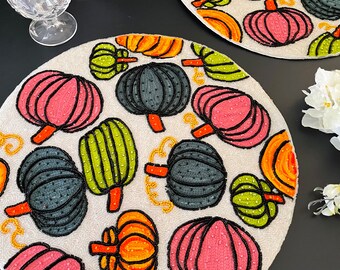 Set of 6, Handmade pumpkin harvest embroidery and bead placemat, charger, table mat