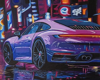 Oryginalny obraz Porsche, akrylowa sztuka samochodowa na płótnie, sztuka ścienna Porsche, neonowe dzieło sztuki z samochodem sportowym, sztuka motoryzacyjna, 40x60 cm