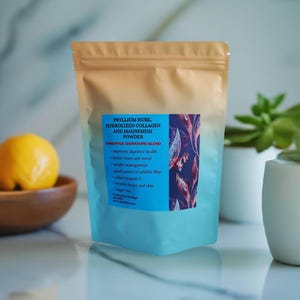 May include: A blue and orange pouch with a label that reads "Psyllium Husk, Hydrolized Collagen and Magnesium Powder Danoffee Signature Blend" and lists the benefits of the product.