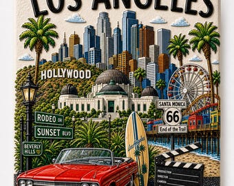 Magnete in ceramica di Los Angeles, collage con texture UV in rilievo, souvenir di Hollywood e Santa Monica